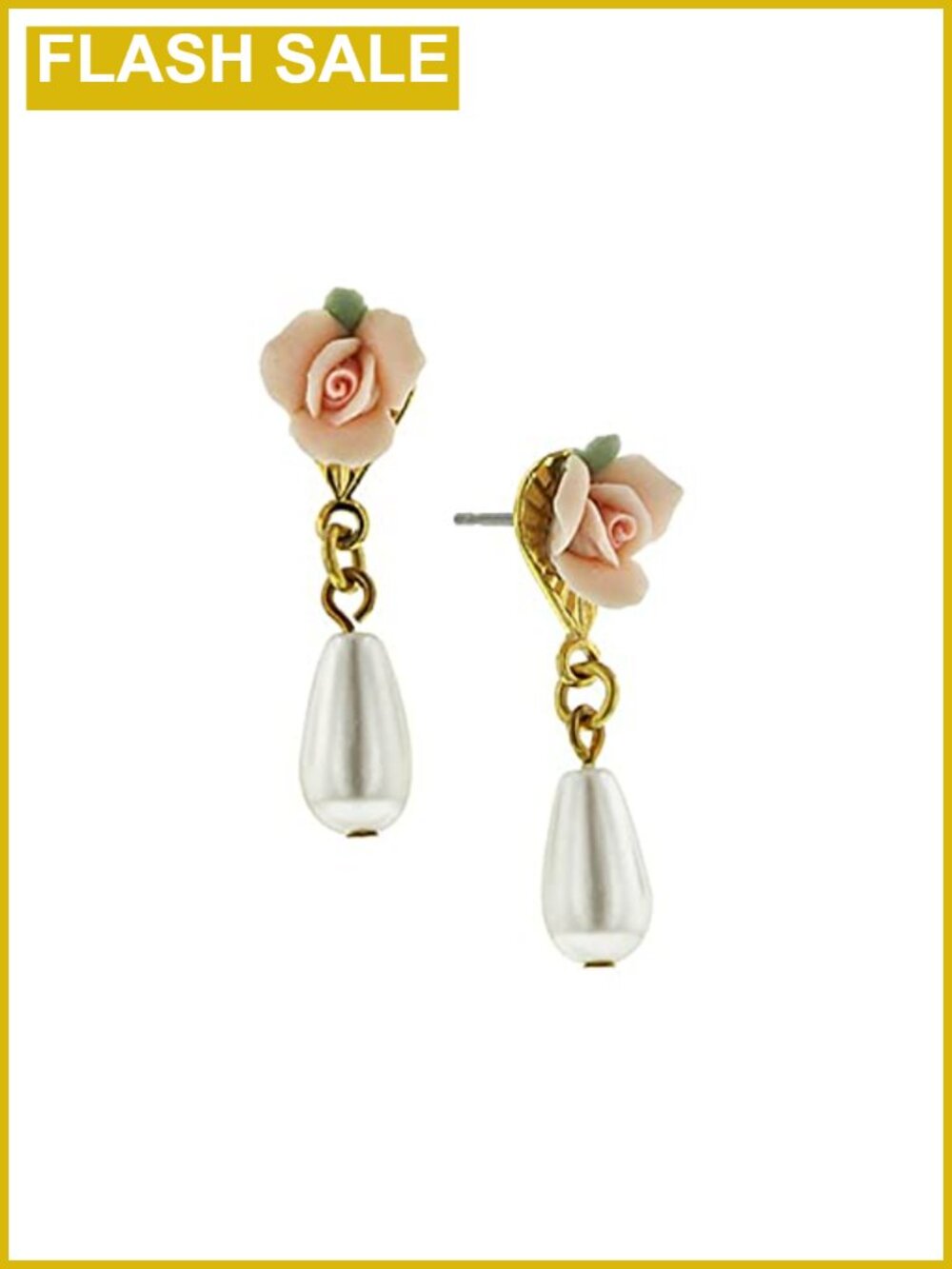 Porcelain Rose Faux Pearl Drop Earrings Surgical Steel Posts